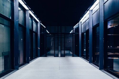 Long industrial hallway of security center